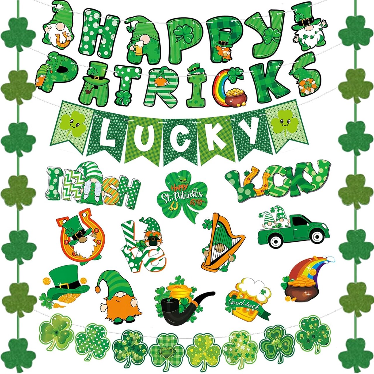 St. Patrick’s Party Supplies: Pre-Assembled St. Patrick’s Day Banner & Hanging Decorations – Shamrocks, Lucky Banners & Party Accessories for Office, Home, Classroom